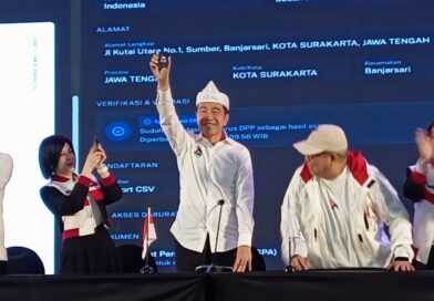 Joko Widodo (Jokowi) mengangkat kartu tanda anggota (KTA) Partai Solidaritas Indonesia (PSI)